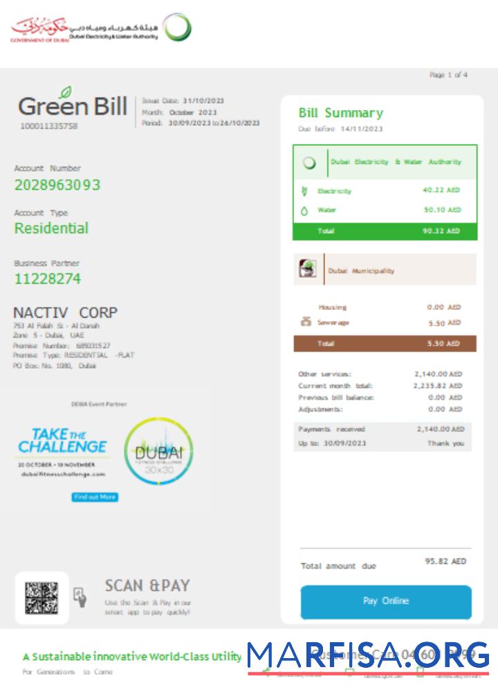 Printable Dubai Electricity & Water Authority utility business bill SCR page 1 template
